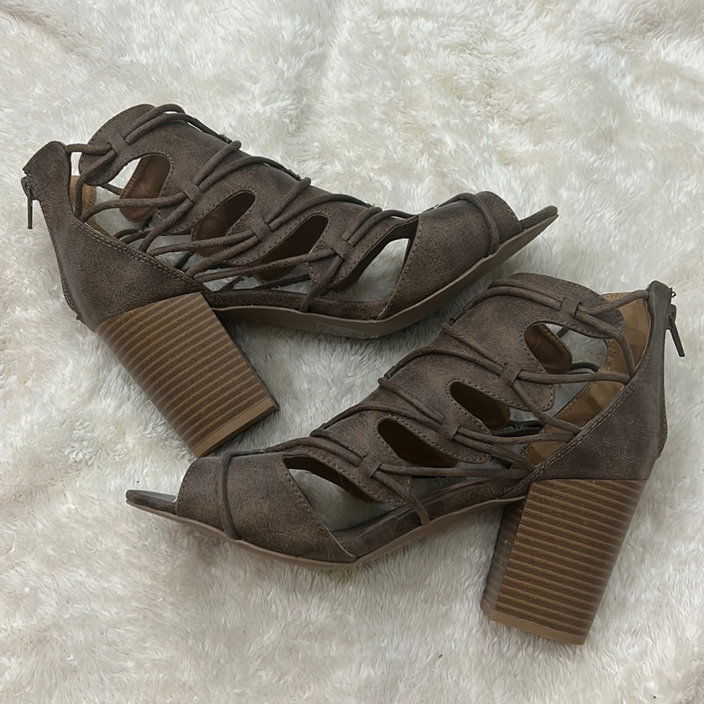 Brown open toe boots, size 8